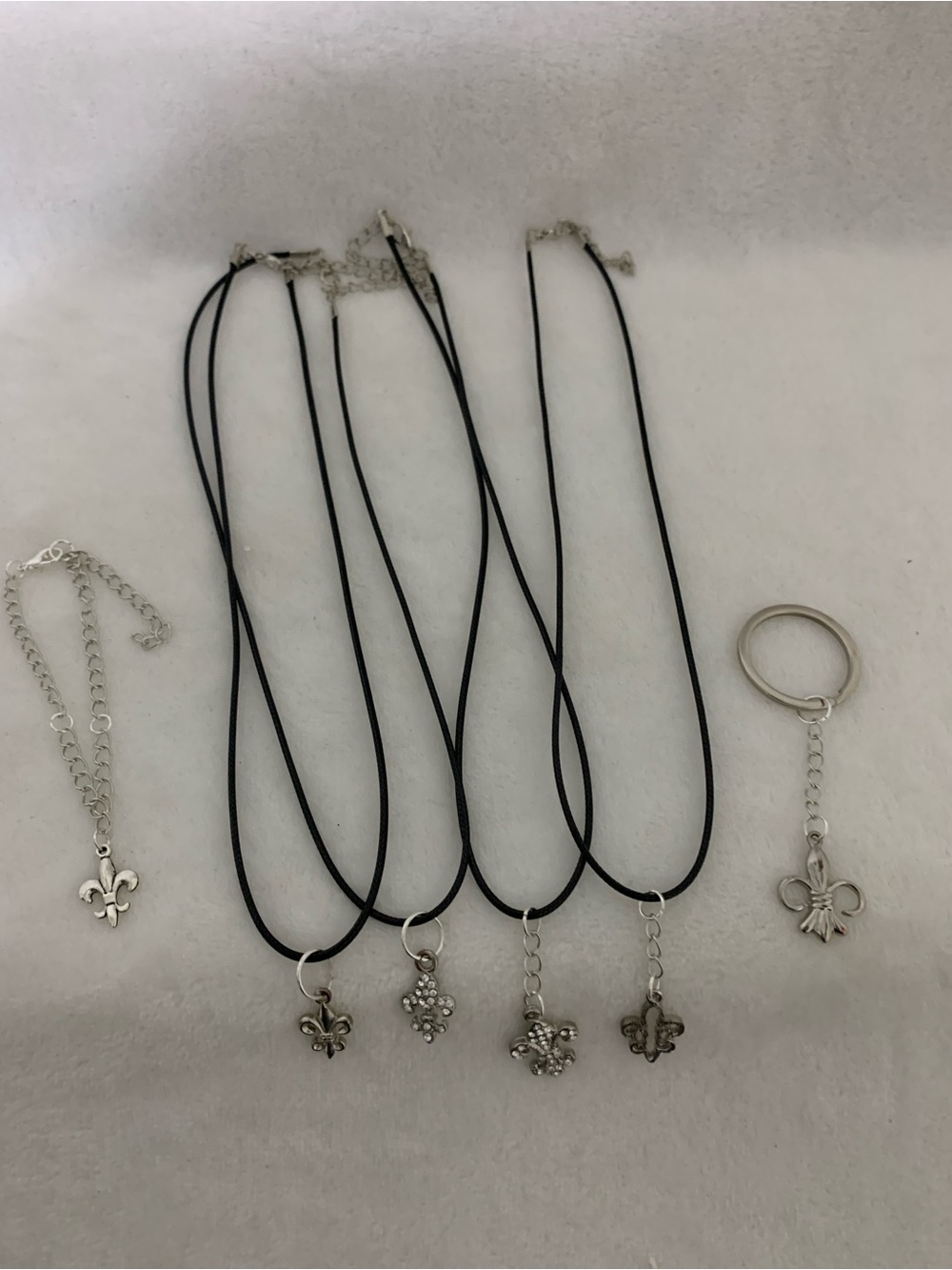 Silver Fleur-de-Lis Pendant Necklace and Keyring Set - Black Cord